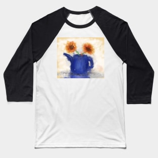 An Artistic Painting of a Blue Watering Can with 2 Orange Flowers Baseball T-Shirt